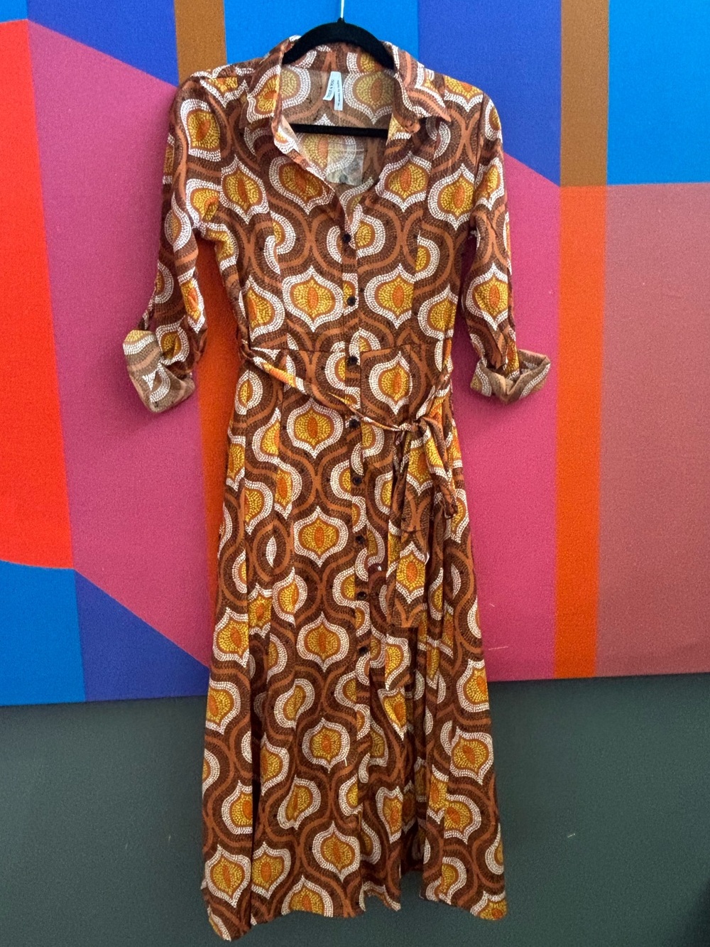 NWT Truly 4 You Retro Print Shirt Dress in Brown and Yellow
